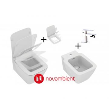 Set vas Wc Ideal Stadard Strada II + capac subtire cu inchidere lenta + bideu Strada II cu baterie Skyline