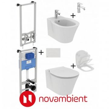 Set vas Wc Ideal Standard Connect Air Aquablade + capac + bideu cu baterie + rezervor Prosys 120 cu clapeta Oleas si cadru bideu