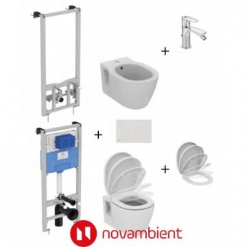 Set vas Wc Ideal Standard Connect + capac soft-close + bideu cu baterie + rezervor Prosys 120 cu clapeta Oleas + cadru bideu