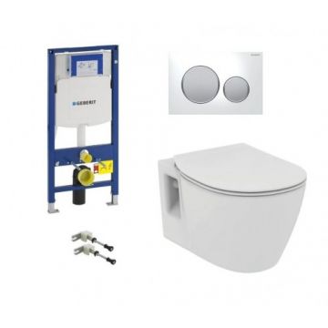 Set vas Wc Ideal Standard Connect cu capac soft-close + rezervor Geberit Duofix Sigma si clapeta Sigma 20 alb si crom