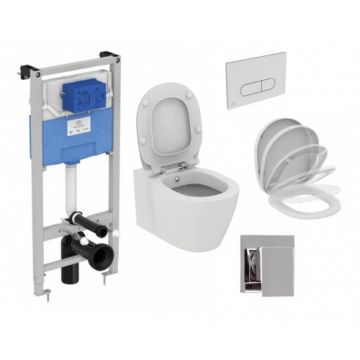 Set vas Wc Ideal Standard Connect cu functie bideu + capac soft-close + rezervor incastrat Prosys cu clapeta si baterie Skyline