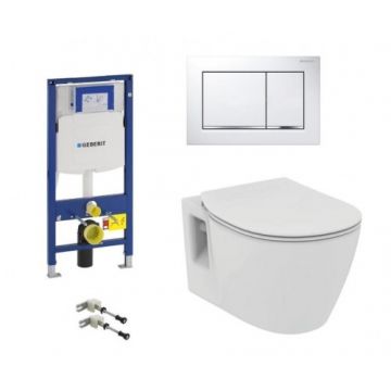 Set vas Wc Ideal Standard Connect suspendat, capac soft-close, rezervor Geberit Duofix Sigma si clapeta Sigma 30 alb-crom