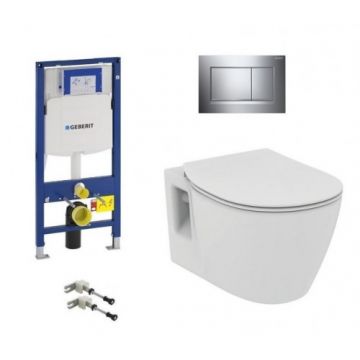 Set vas Wc Ideal Standard Connect suspendat, capac soft-close, rezervor incastrat Geberit Duofix Sigma si clapeta Sigma 30 crom