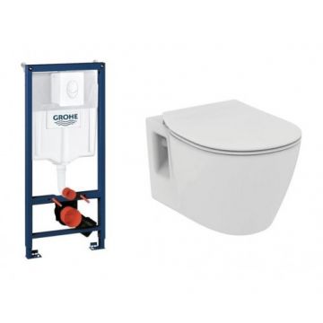 Set vas Wc Ideal Standard Connect suspendat, capac soft-close slim, rezervor incastrat Grohe Rapid SL si clapeta Skate Air alb