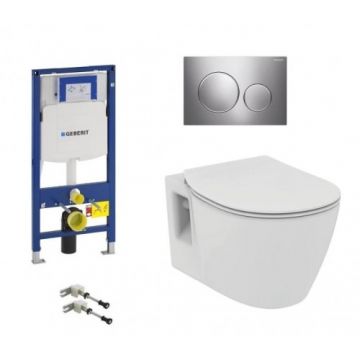 Set vas Wc Ideal Standard Connect suspendat cu rezervor incastrat Geberit Duofix Sigma si clapeta Sigma 20 crom lucios mat