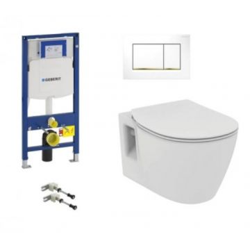 Set vas Wc Ideal Standard Connect suspendat cu rezervor incastrat Geberit Duofix Sigma si clapeta Sigma 30 alb si aurie