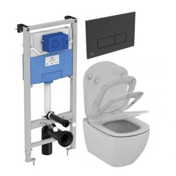 Set vas Wc Ideal Standard Tesi Aquablade + capac soft-close + rezervor incastrat Prosys 120 + clapeta Oleas M2, negru