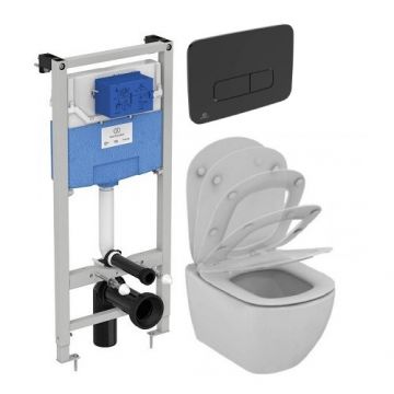 Set vas Wc Ideal Standard Tesi Aquablade + capac soft-close + rezervor incastrat Prosys 120 + clapeta Oleas M3 negru