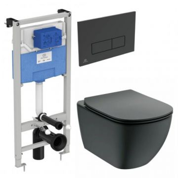 Set vas Wc Ideal Standard Tesi Aquablade + capac soft-close slim negru mat + rezervor Prosys + clapeta Oleas M2