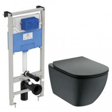 Set vas Wc Ideal Standard Tesi Aquablade cu capac soft-close slim negru + rezervor Prosys 120