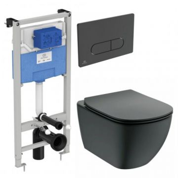 Set vas Wc Ideal Standard Tesi Aquablade suspendat + capac soft-close slim negru + rezervor Prosys+clapeta Oleas M1