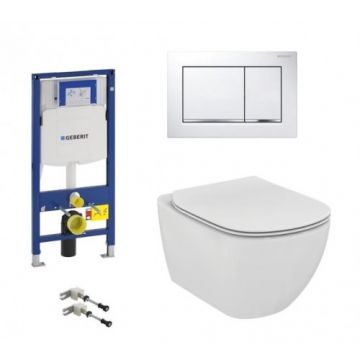 Set vas Wc Ideal Standard Tesi Aquablade suspendat cu capac soft-close, rezervor Geberit Duofix Sigma, clapeta alb crom lucios