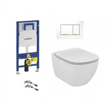 Set vas Wc Ideal Standard Tesi Aquablade suspendat cu rezervor incastrat Geberit Duofix Sigma si clapeta Sigma 30 alb cu auriu