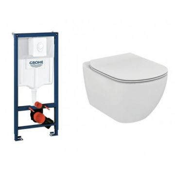 Set vas Wc Ideal Standard Tesi Aquablade suspendat cu rezervor incastrat Grohe Rapid SL si clapeta Skate Air alb