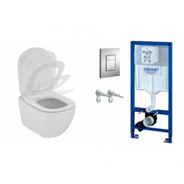 Set vas Wc Ideal Standard Tesi cu capac soft-close + rezervor incastrat Grohe Rapid SL cu clapeta Skate Cosmo crom si set fixare