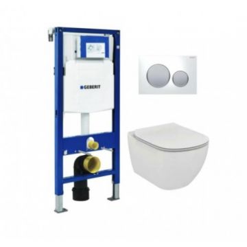 Set vas Wc Ideal Standard Tesi cu capac soft-close si rezervor incastrat Geberit Duofix Sigma cu clapeta Sigma 20 alb cromat