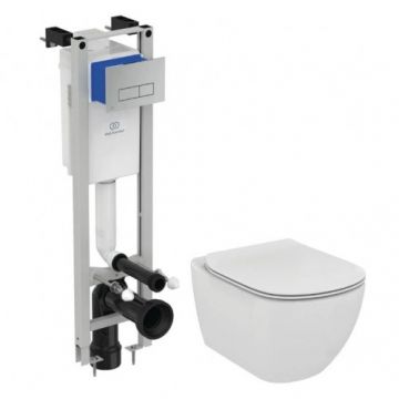 Set vas Wc Ideal Standard Tesi Rimless suspendat + capac + rezervor incastrat Prosys si clapeta de actionare crom Oleas M2