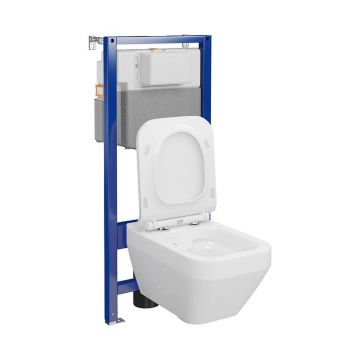 Set vas wc suspendat Crea Square CleanOn cu capac soft close si rezervor incastrat C31 Aqua 50 pneumatic