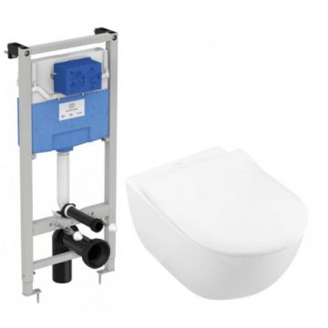 Set vas Wc Villeroy & Boch Subway 2.0 cu Direct Flush suspendat cu capac soft-close slim si rezervor Ideal Standard