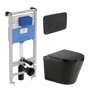 Set vas Wc Wellis Clement Black + capac soft-close + rezervor incastrat Ideal Standard Prosys 120 cu clapeta Oleas M3, negru