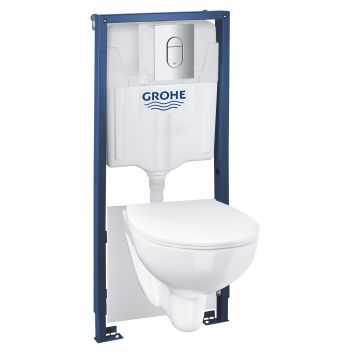 Set complet Grohe Solido 5-in-1 cu vas wc Bau Ceramic capac slim inchidere lenta rezervor incastrat cu cadru si clapeta Arena Cosmopolitan crom