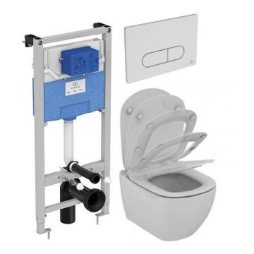 Set vas Wc Ideal Standard Tesi Aquablade + Capac cu inchidere lenta + Rezervor Incastrat Prosys + Clapeta Oleas M1 Crom