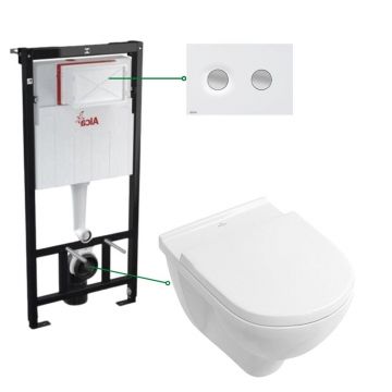 Set vas wc rimless cu capac soft close Villeroy Boch Novo, rezervor incastrat si clapeta alb crom mat Alcadrain M1976-2