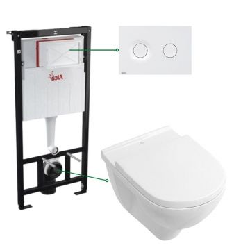 Set vas wc rimless cu capac soft close Villeroy Boch Novo, rezervor incastrat si clapeta alb mat Alcadrain M1976