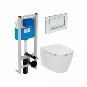 Set vas wc suspendat Ideal Standard Connect Air AquaBlade cu capac soft close, rezervor incastrat si clapeta crom