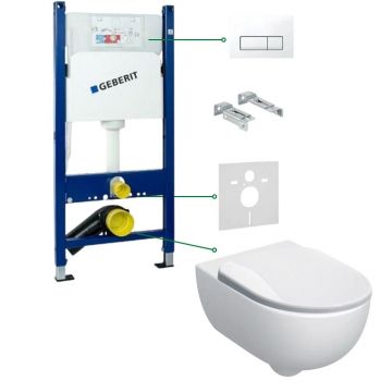 Set vas wc suspendat rimless cu capac soft close Geberit Selnova, rezervor incastrat si clapeta alba