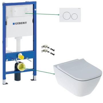 Set vas wc suspendat rimless cu capac soft close Geberit Smyle Square, rezervor incastrat si clapeta alba