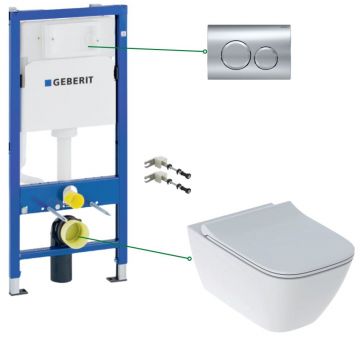 Set vas wc suspendat rimless cu capac soft close Geberit Smyle Square, rezervor incastrat si clapeta alba