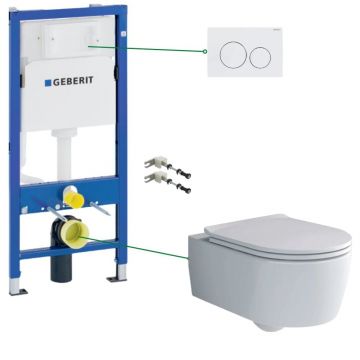 Set vas wc suspendat rimless cu capac soft close Villeroy Boch, rezervor incastrat si clapeta alba Geberit