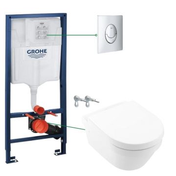 Set vas wc suspendat rimless cu capac VilleroyBoch, Architectura plus rezervor wc incastrat si clapeta crom Skate Air Grohe